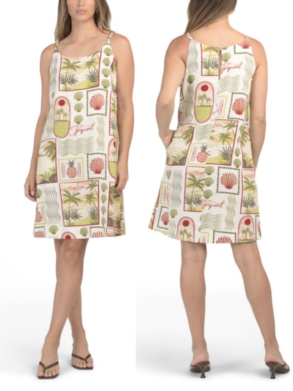 C&C California Tropical Stamp Print Linen Blend Mini Dress Vacation Summer Boho